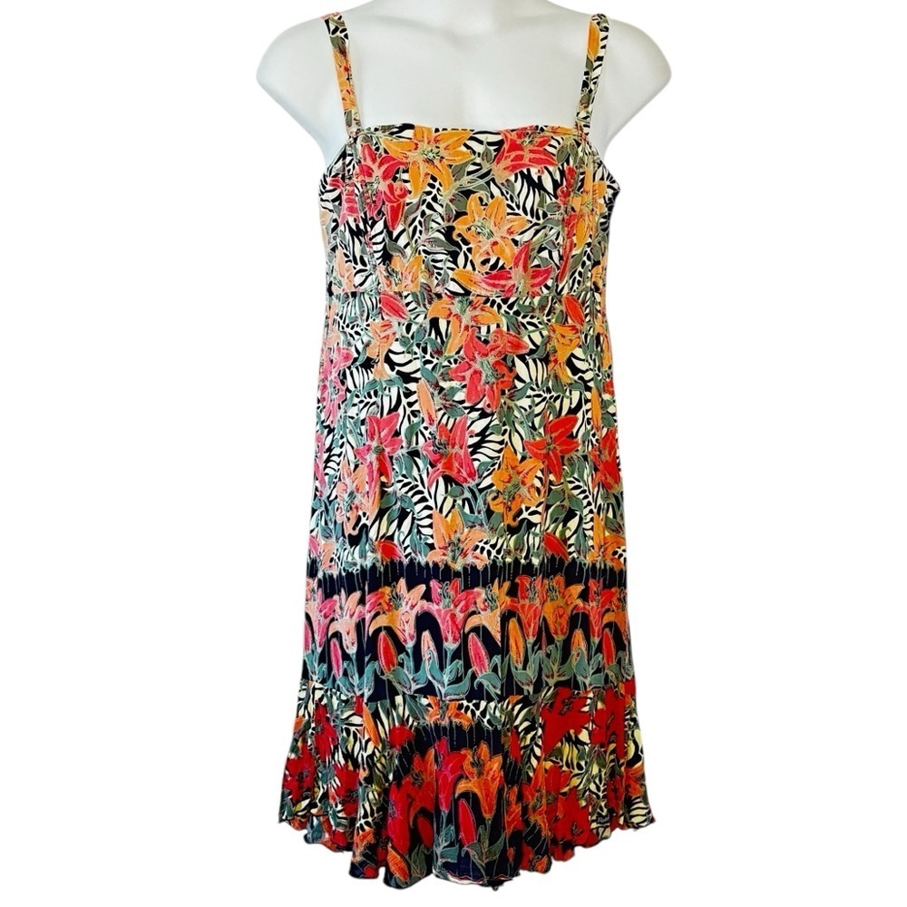 Rainbow Jo Hawaiian Sun Dress Midi Length Floral Crepe Smocked Back Zipper Large